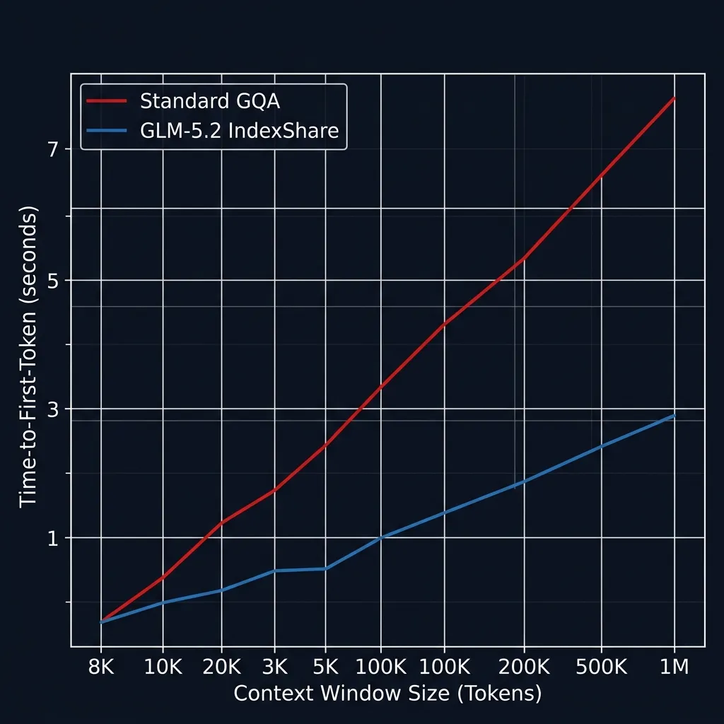 Attention Latency Benchmark Chart comparing Standard GQA vs GLM-5.2 IndexShare scaling up to 1M tokens.