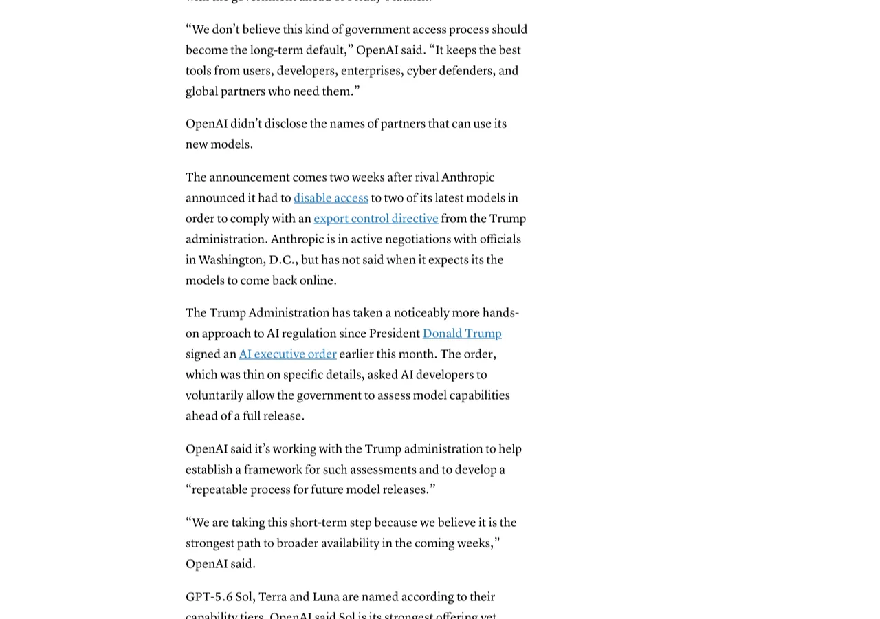 CNBC article covering the GPT-5.6 government-gated rollout.
