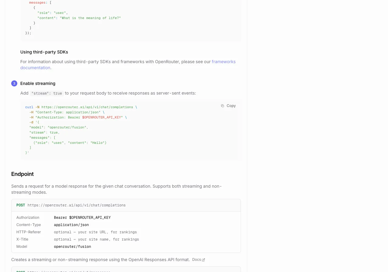 OpenRouter Fusion page showing the model description with Quality and Budget preset labels, alongside the Quick Start API code.