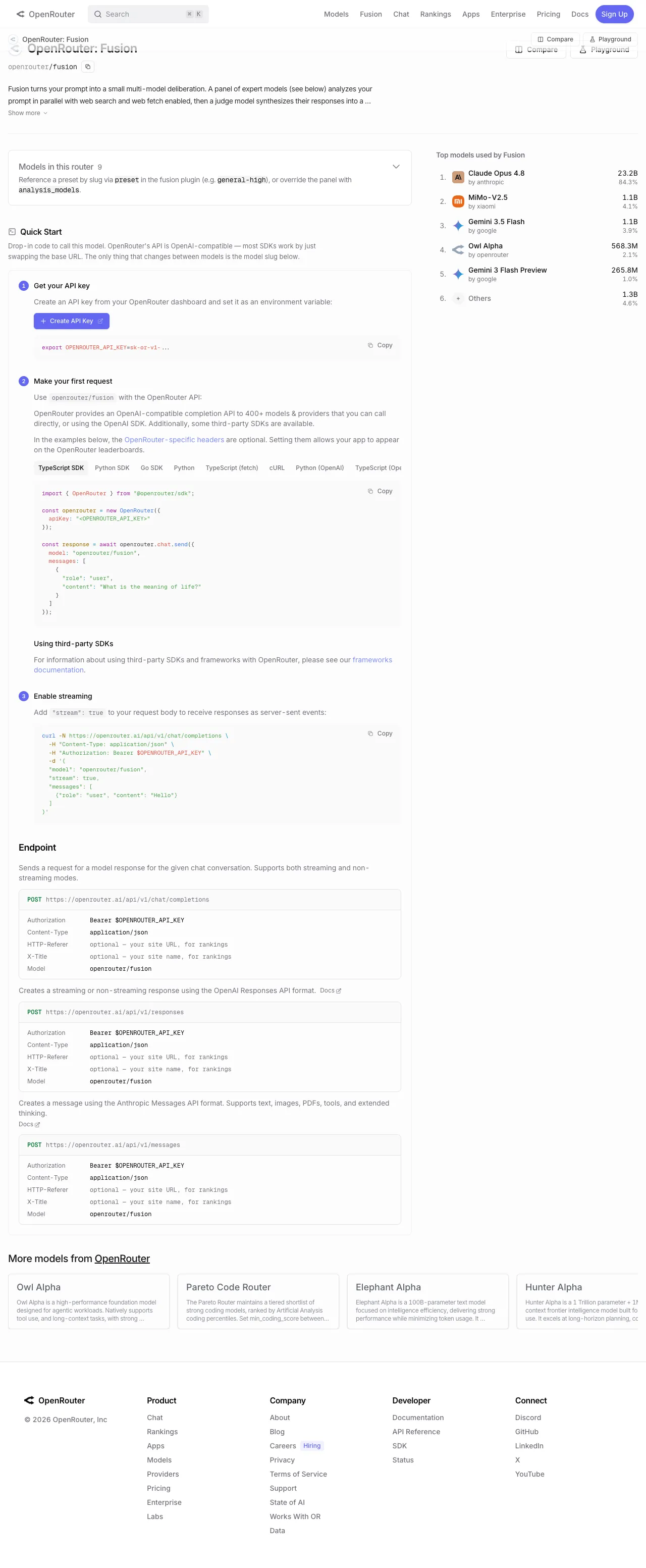 OpenRouter Fusion page showing the model description with Quality and Budget preset labels, alongside the Quick Start API code.