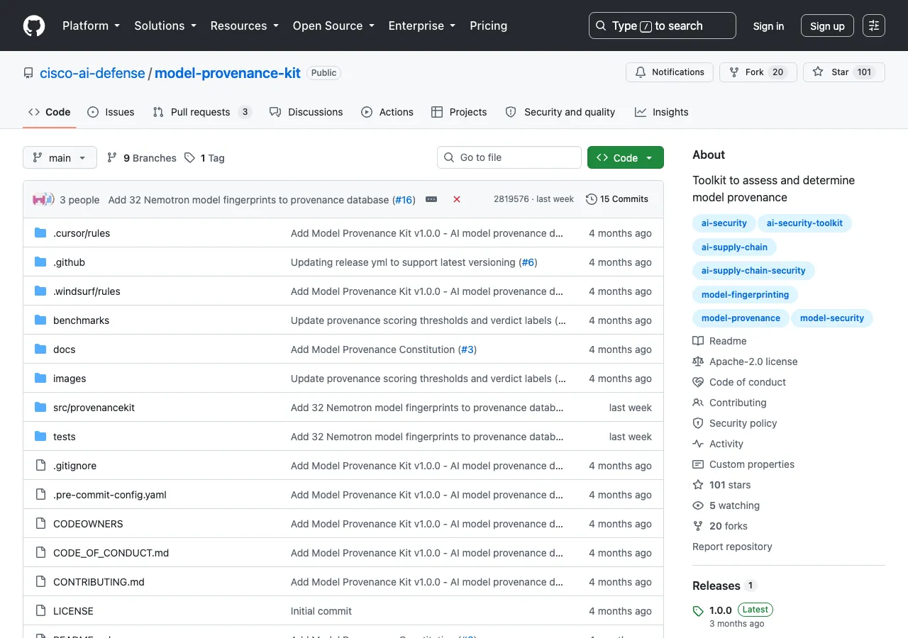 Cisco AI Defense Model Provenance Kit repository on GitHub, showing the project file tree and security metadata.