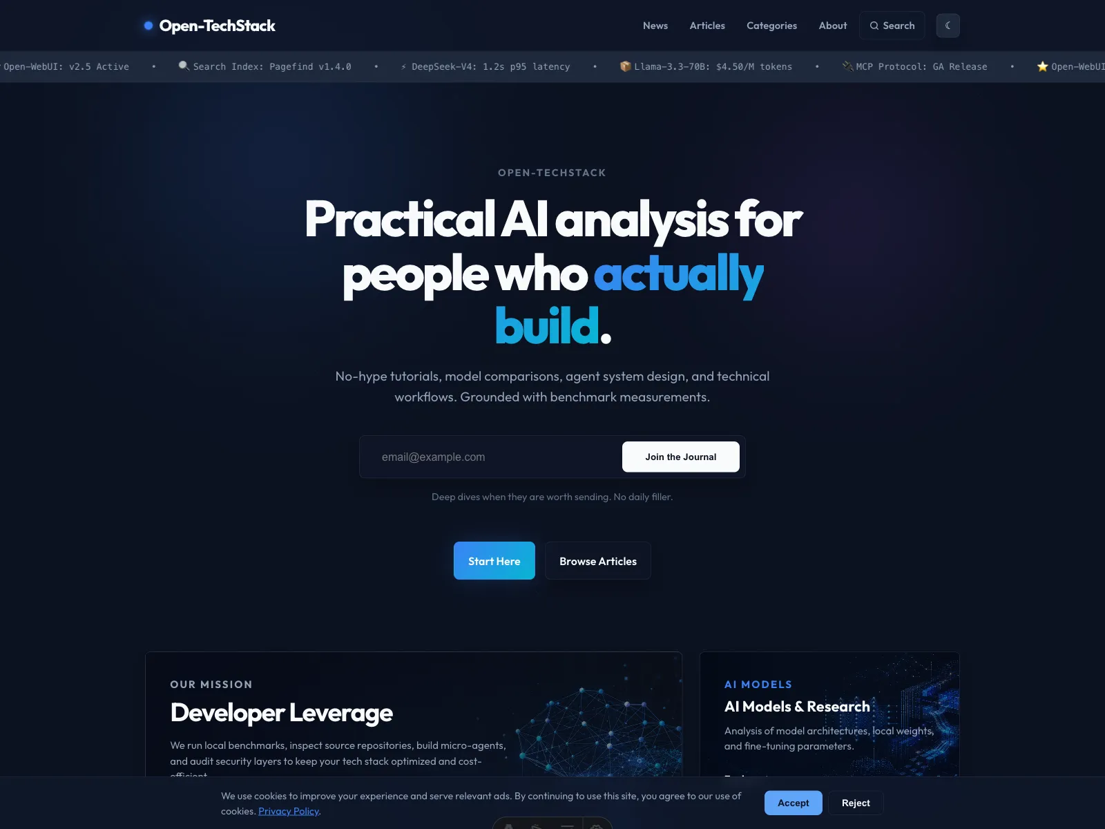 Open-TechStack homepage showing the relaunch hero, topic pillars, and editorial layout.