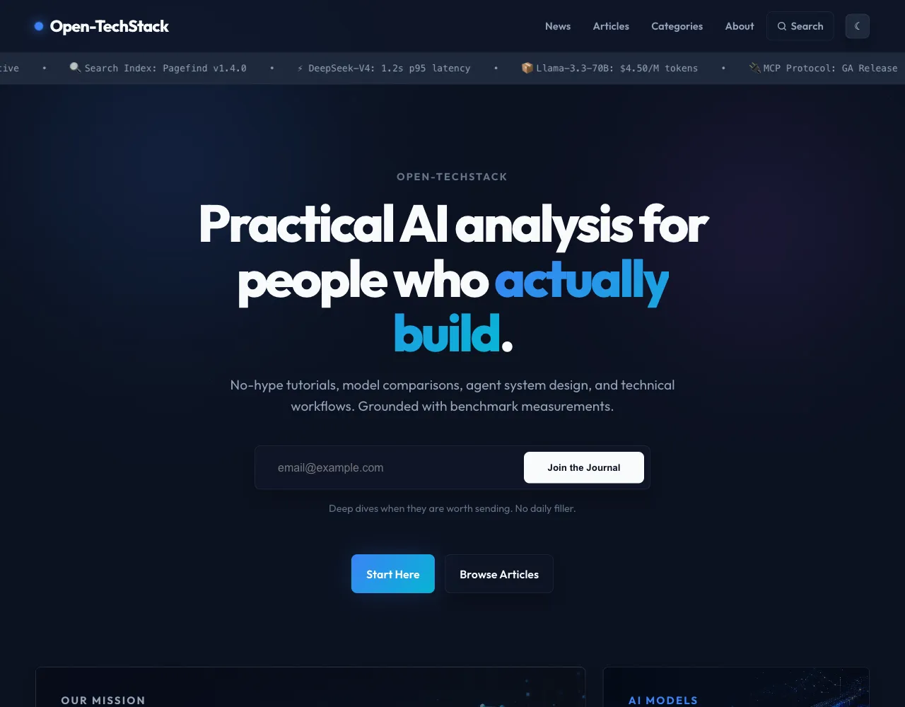 Open-TechStack homepage showing the relaunch hero, topic pillars, and editorial layout.
