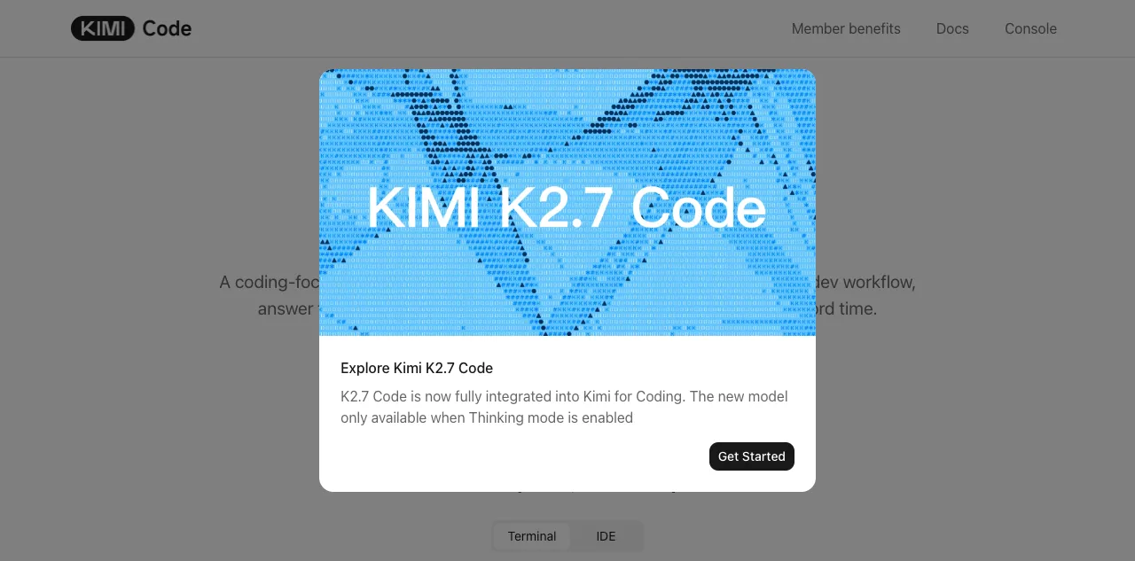 Kimi Code CLI terminal interface showing K2.7 Code introducing itself and listing its capabilities including software development, codebase analysis, technical tasks, and research.