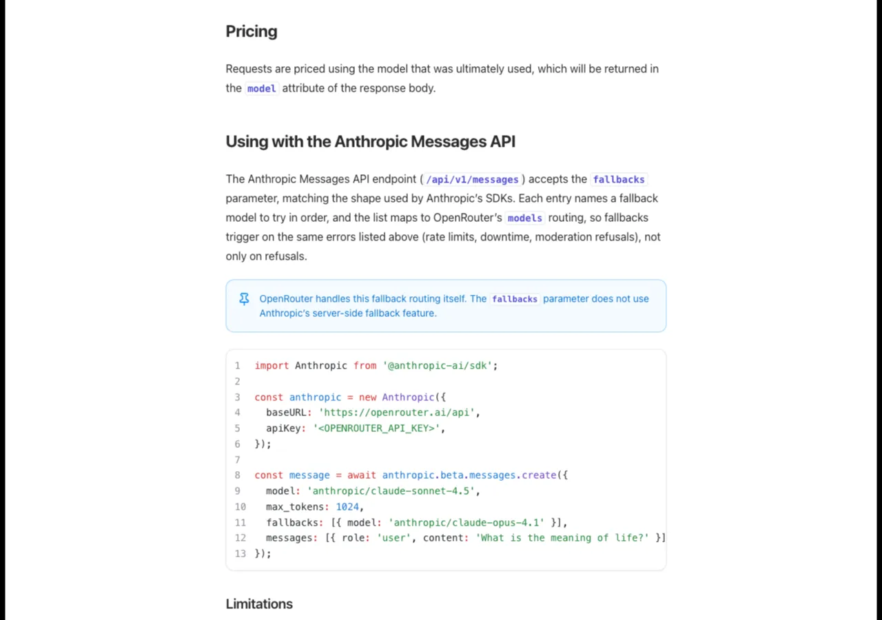 OpenRouter documentation page showing the model fallbacks feature with code examples for automatic failover between models.