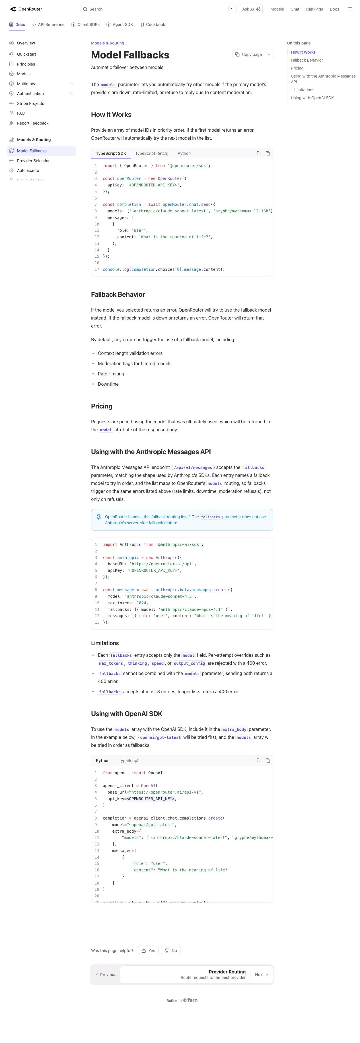 OpenRouter documentation page showing the model fallbacks feature with code examples for automatic failover between models.