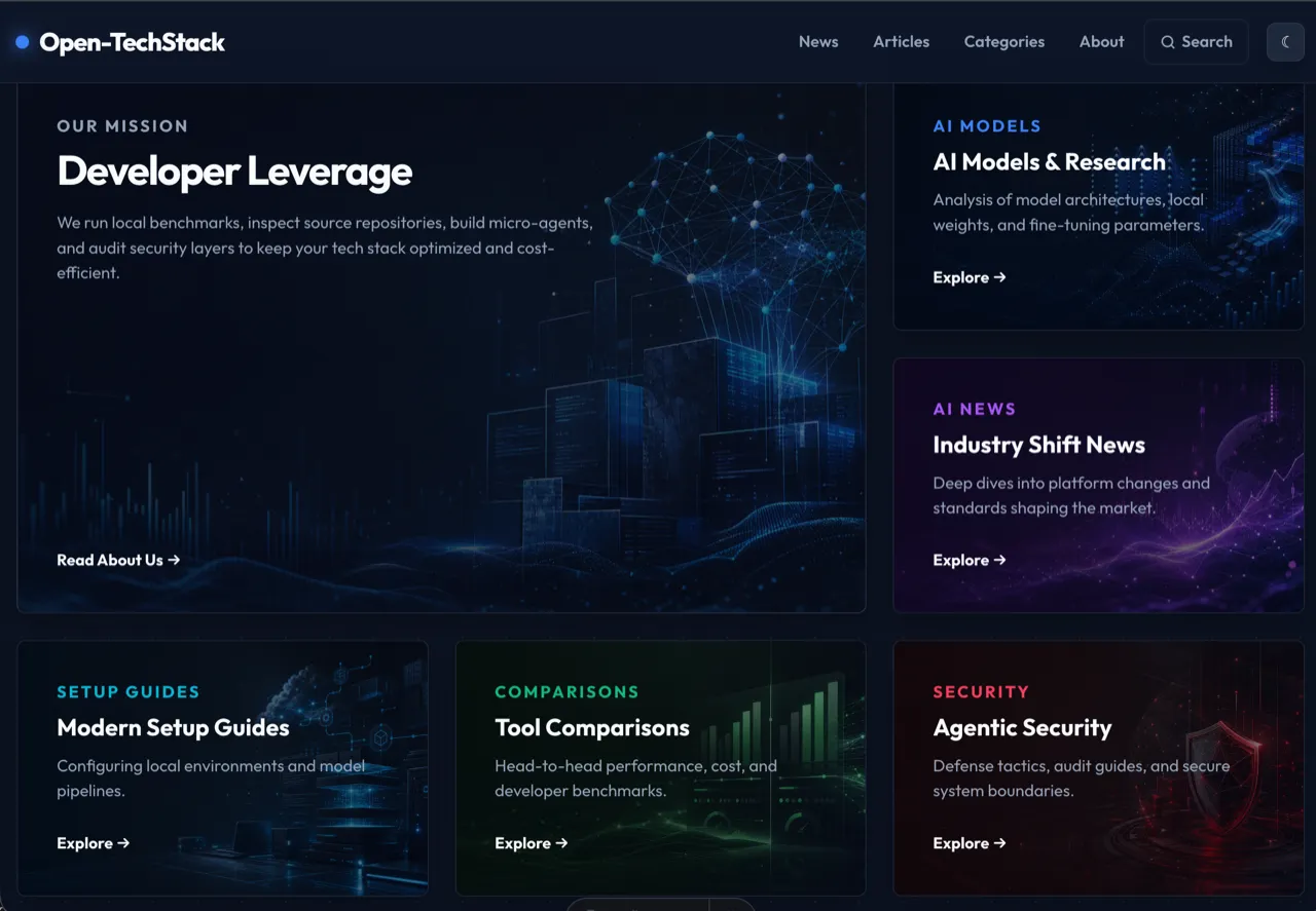 Open-TechStack homepage pillar grid showing the publication's core topic areas and mission-led card layout.