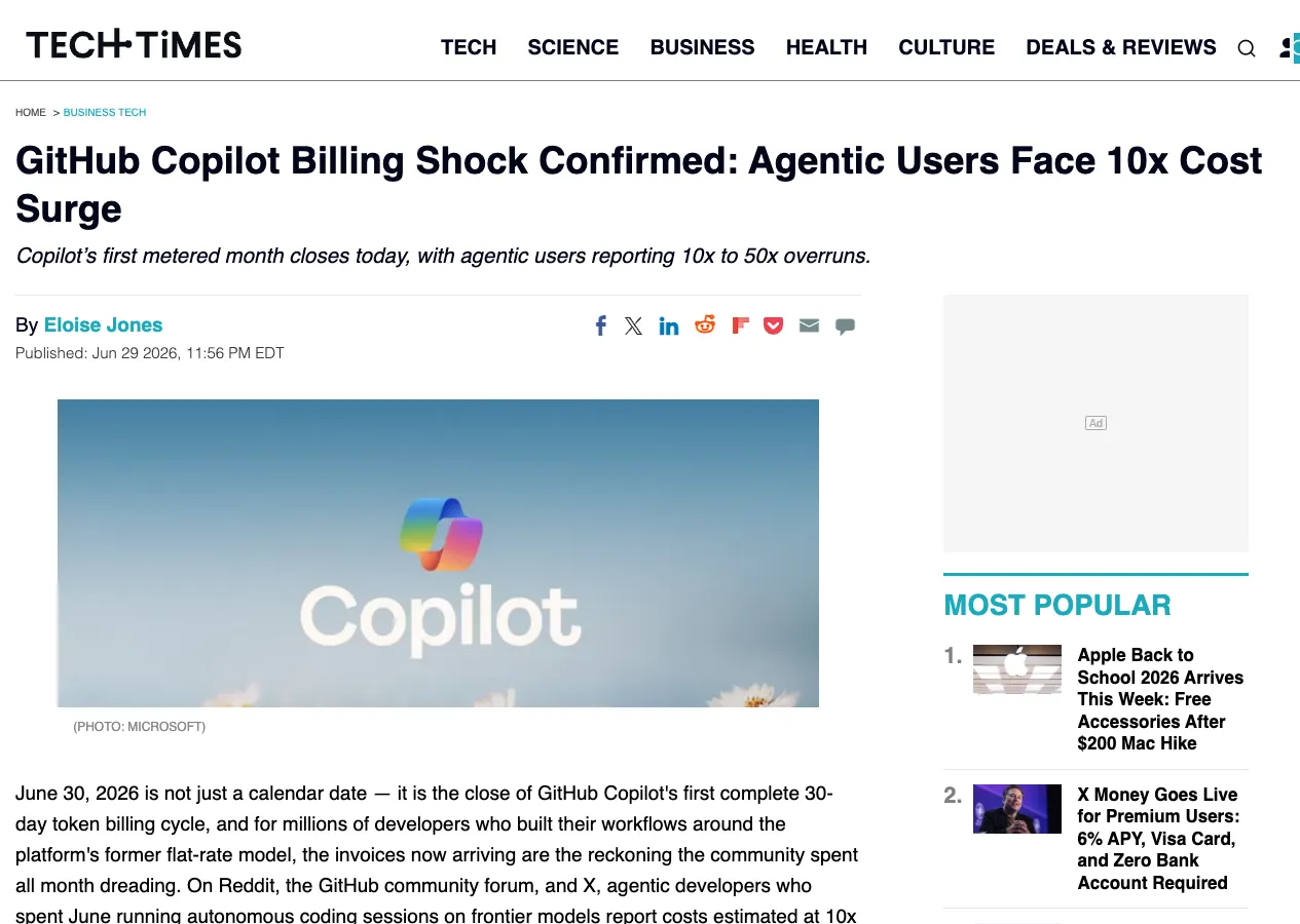 TechTimes article covering the GitHub Copilot billing shock.
